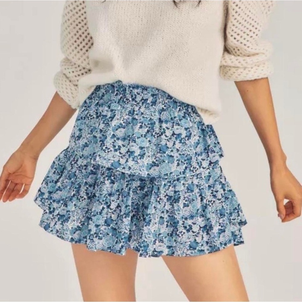 Love Shack Fancy x Liberty mini skirt Ruffled Blue Floral Print Pull On XS